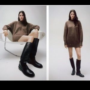 ZARA Black Leather Flat Leather Boots